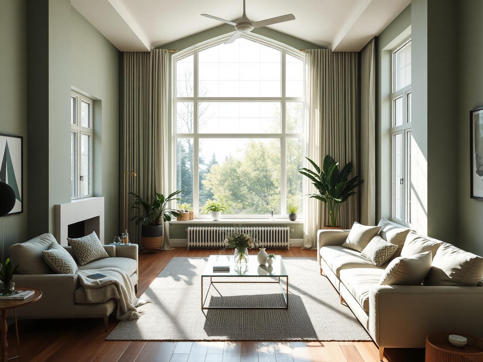 Bright, sage-toned living room professionally cleaned by FreshNest